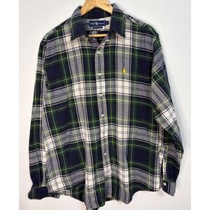 Ralph Lauren Plaid Flannel Shirt Mens XL Navy Green Yellow Pony Logo Cotton